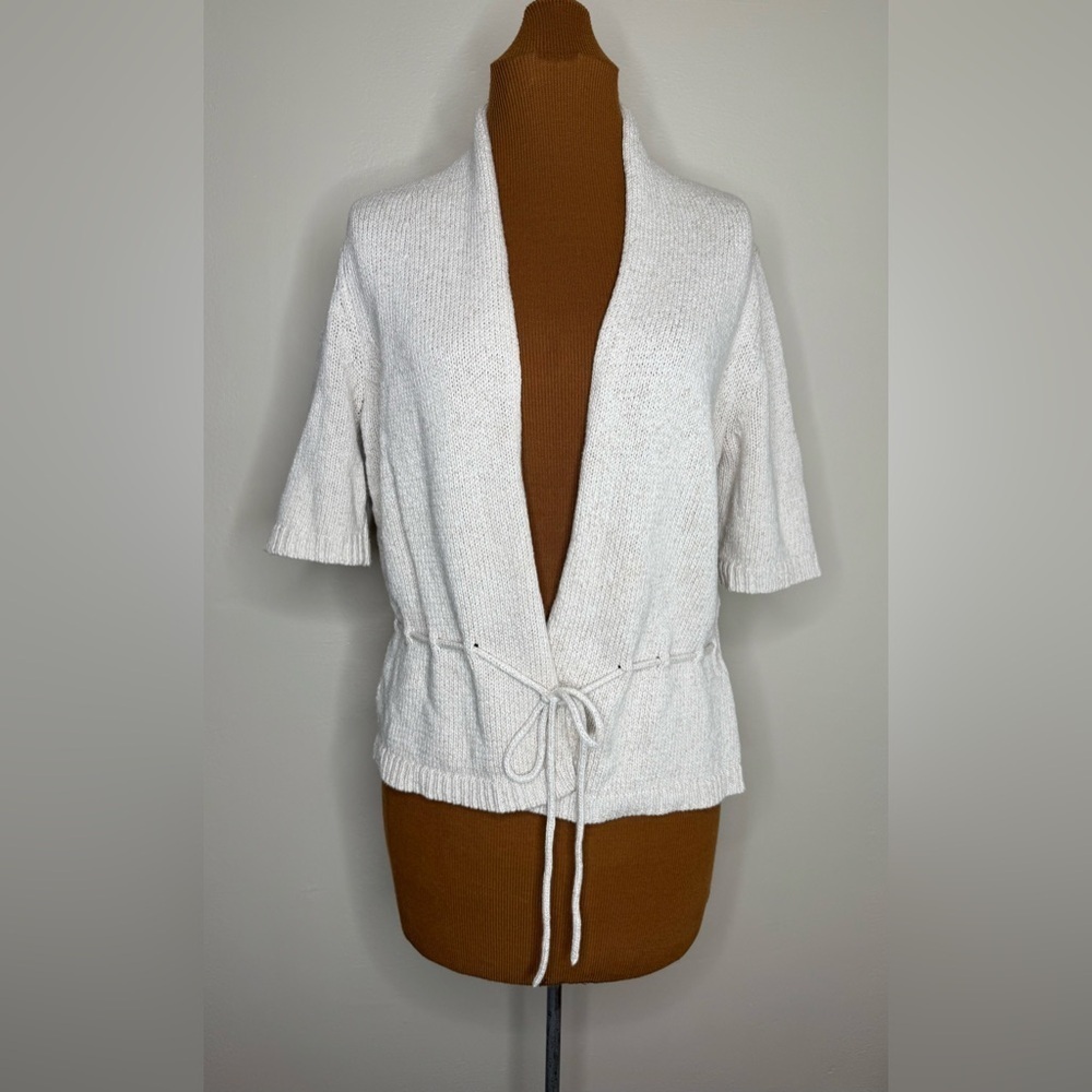 Talbots Cardigan Sweater Beige Open Front Drawstring Short Sleeve Size Medium